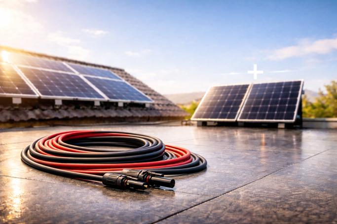 Nachrüsten & Erweitern Solarpaneele auf einem Dach mit Solarkabeln im Vordergrund.