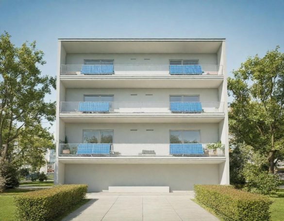 Lösungen für Balkonkraftwerke Moderne Wohnanlage mit drei Etagen und blauen Balkonen, umgeben von Grünflächen.