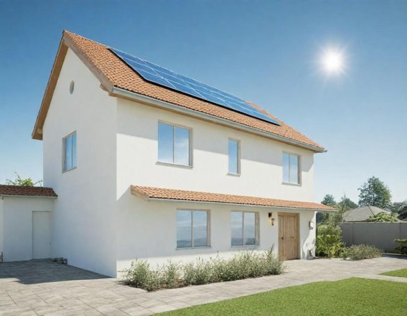 PV-Produkte fürs Eigenheim Modernes Haus mit Solarpanelen auf dem Dach und Garten im Vordergrund.